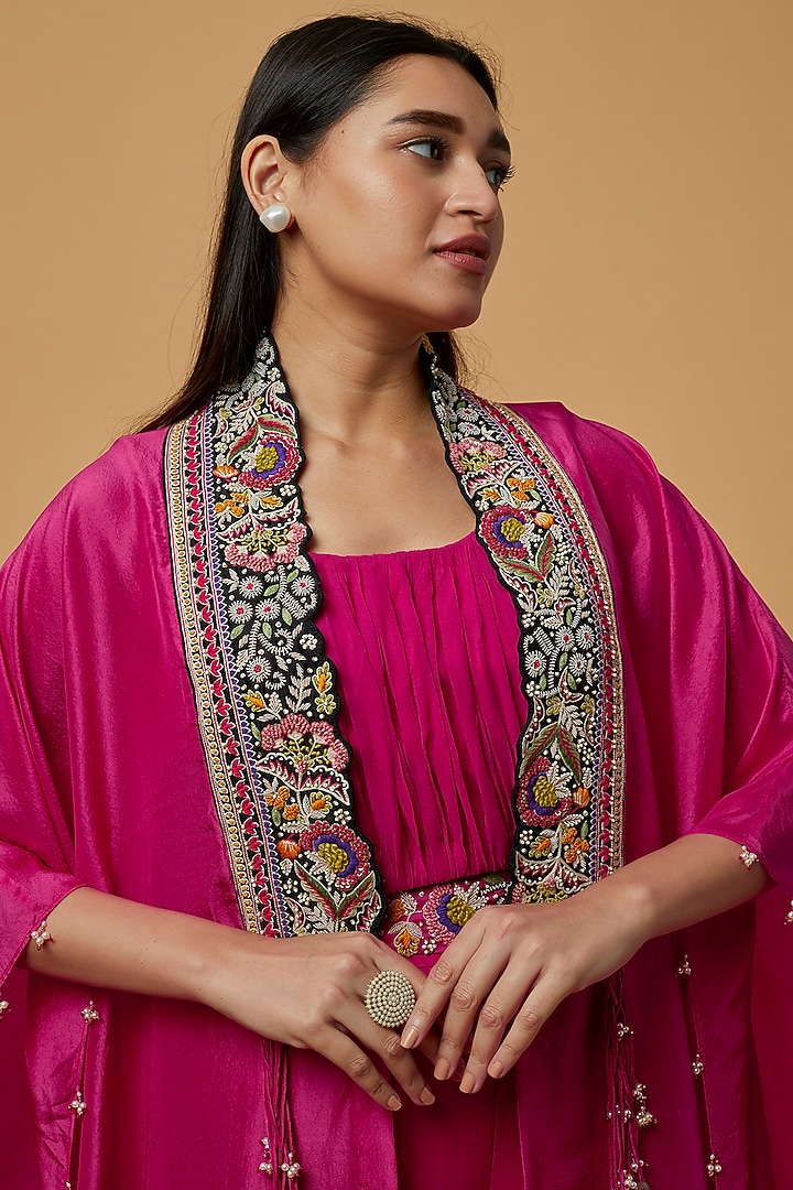 Cherry Red Embroidered Cape Set by Ojasvini at Pernia's Pop Up Shop
