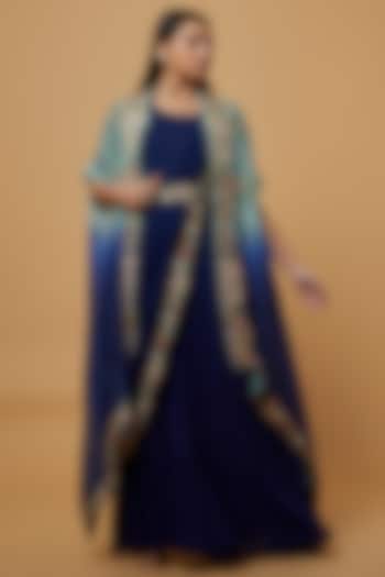 Blue Embroidered Gown Saree Set by Ojasvini