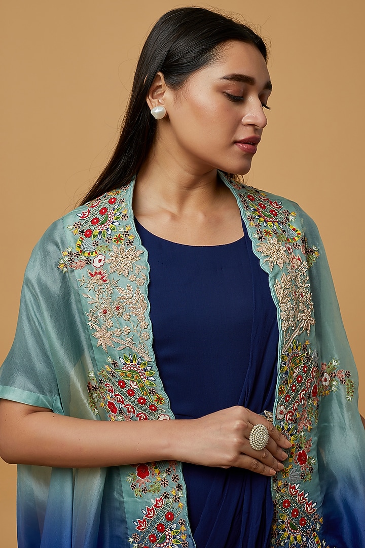 Blue Embroidered Wedding Gown Saree Set by Ojasvini at Pernia's Pop Up Shop