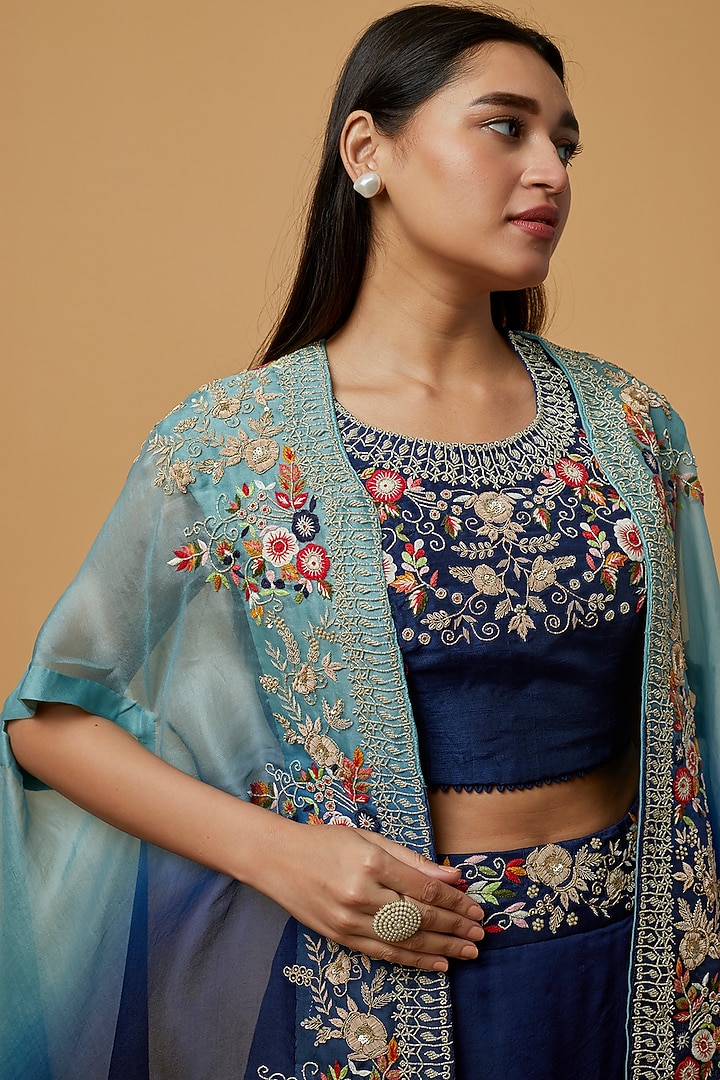 Blue Embroidered Cape Set by Ojasvini at Pernia's Pop Up Shop