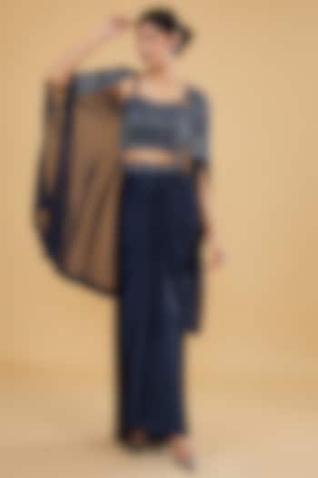 Navy Blue Satin Organza Cutdana Hand Embroidered Cape Set by Ojasvini at Pernia's Pop Up Shop