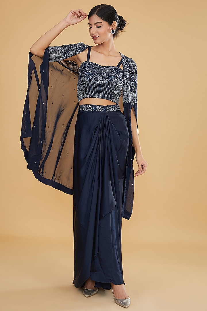 Navy Blue Satin Organza Cutdana Hand Embroidered Cape Set by Ojasvini at Pernia's Pop Up Shop