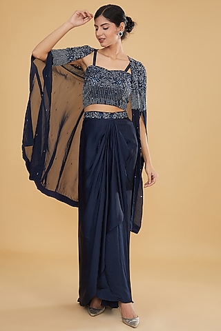 Navy Blue Satin Organza Cutdana Hand Embroidered Cape Set by Ojasvini