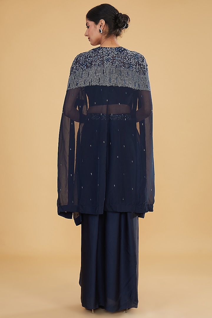 Navy Blue Satin Organza Cutdana Hand Embroidered Cape Set by Ojasvini at Pernia's Pop Up Shop