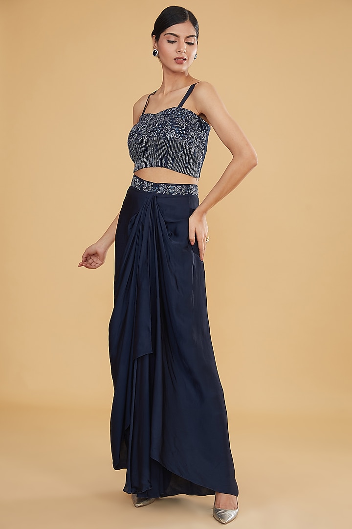 Navy Blue Satin Organza Cutdana Hand Embroidered Cape Set by Ojasvini at Pernia's Pop Up Shop