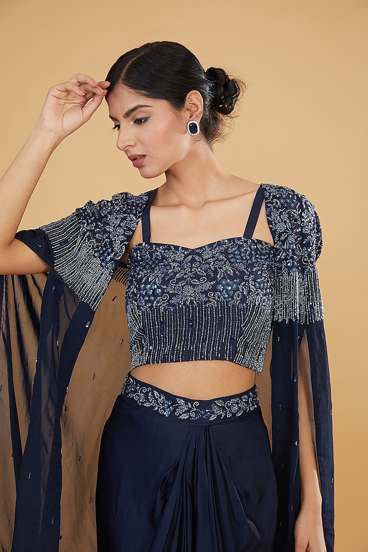 Navy Blue Satin Organza Cutdana Hand Embroidered Cape Set by Ojasvini at Pernia's Pop Up Shop
