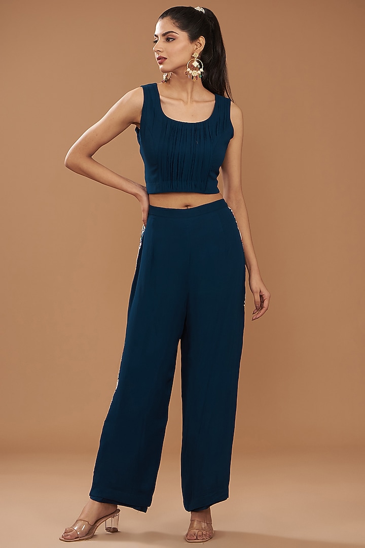 Blue Georgette & Chinese Dupion Cape Set by Ojasvini at Pernia's Pop Up Shop