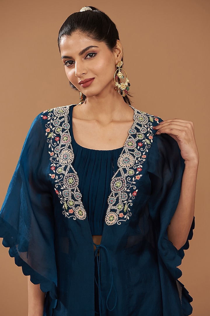 Blue Georgette & Chinese Dupion Cape Set by Ojasvini at Pernia's Pop Up Shop