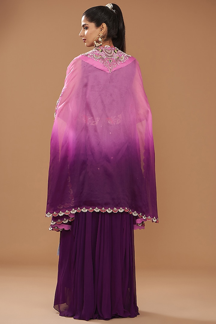Wine Pure Organza Georgette Embroidered Engagement Gown With Cape by Ojasvini at Pernia's Pop Up Shop