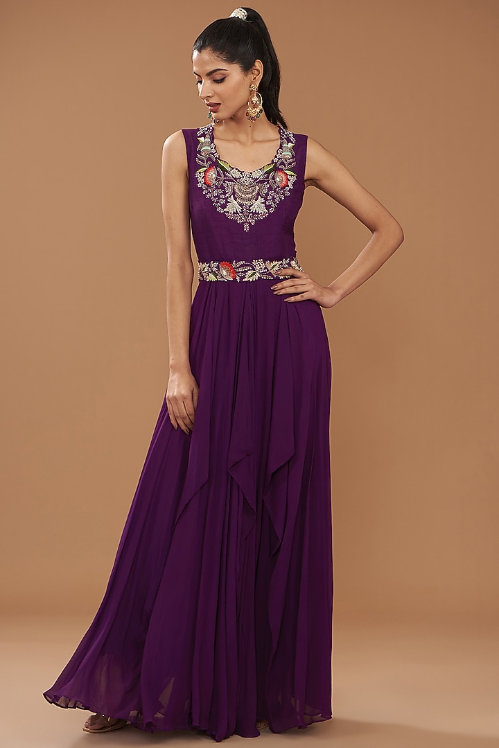 Wine Pure Organza Georgette Embroidered Engagement Gown With Cape by Ojasvini at Pernia's Pop Up Shop