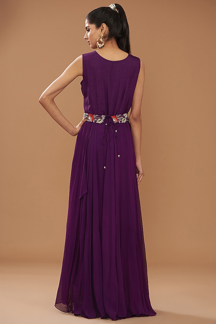 Wine Pure Organza Georgette Embroidered Engagement Gown With Cape by Ojasvini at Pernia's Pop Up Shop