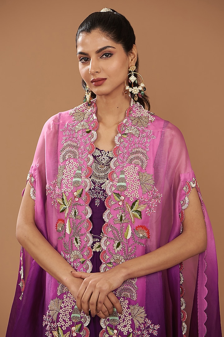 Wine Pure Organza Georgette Embroidered Engagement Gown With Cape by Ojasvini at Pernia's Pop Up Shop