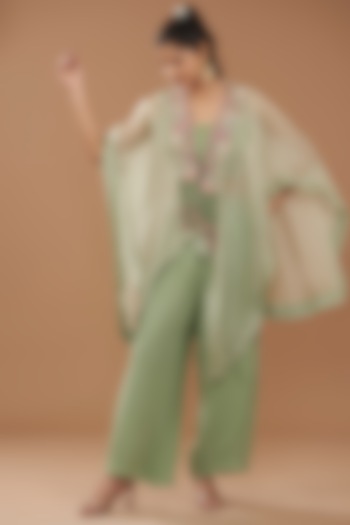 Green Georgette & Chinese Dupion Embroidered Cape Set by Ojasvini at Pernia's Pop Up Shop