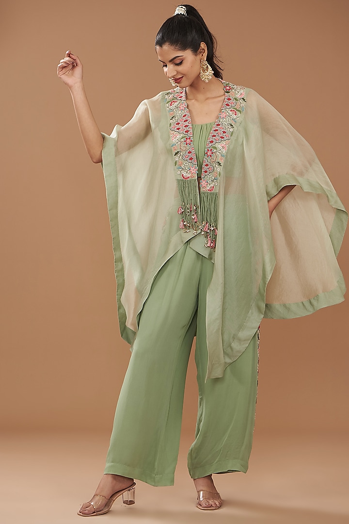 Green Georgette & Chinese Dupion Embroidered Cape Set by Ojasvini at Pernia's Pop Up Shop