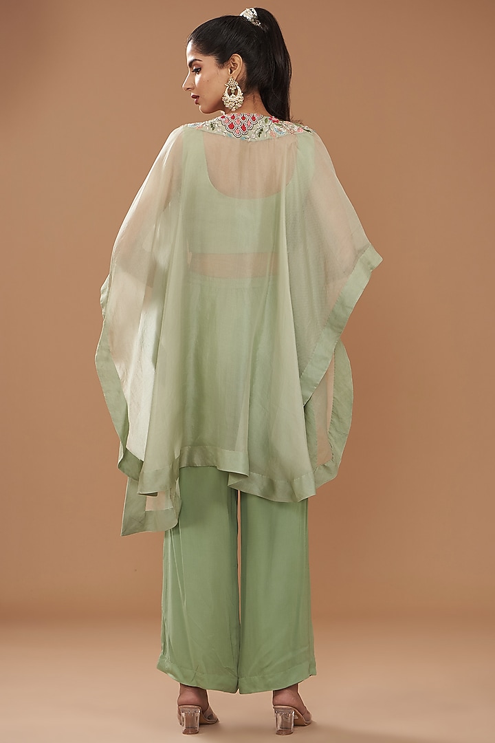 Green Georgette & Chinese Dupion Embroidered Cape Set by Ojasvini at Pernia's Pop Up Shop