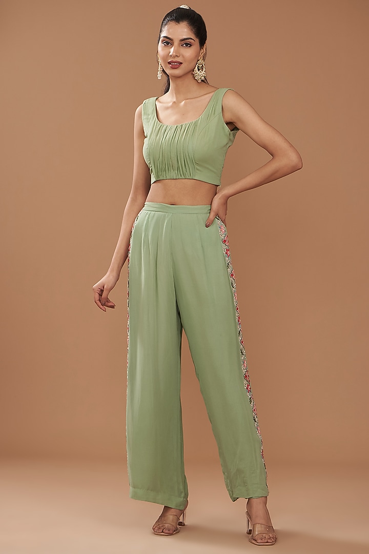 Green Georgette & Chinese Dupion Embroidered Cape Set by Ojasvini at Pernia's Pop Up Shop