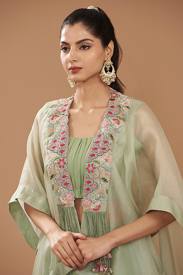 Green Georgette & Chinese Dupion Embroidered Cape Set by Ojasvini at Pernia's Pop Up Shop