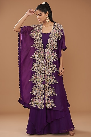 Purple Satin Organza & Organza Gown With Cape by Ojasvini