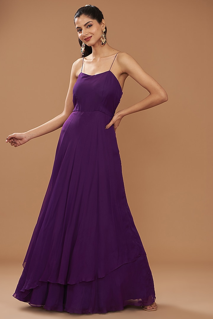 Purple Satin Organza & Organza Engagement Gown With Cape by Ojasvini at Pernia's Pop Up Shop