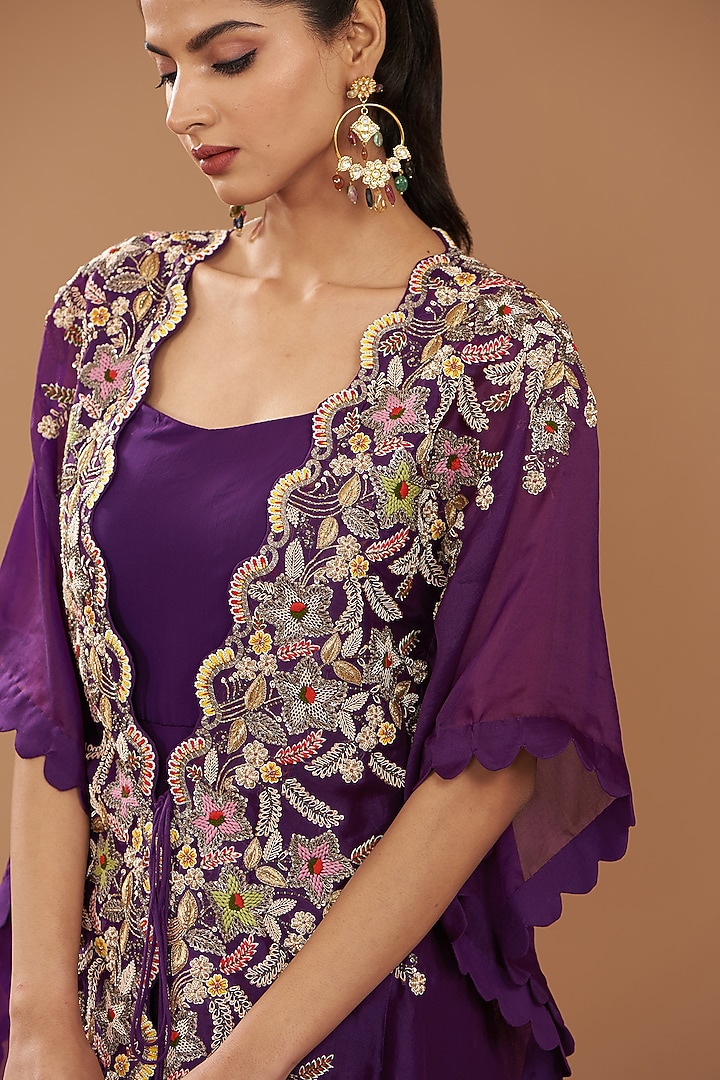 Purple Satin Organza & Organza Engagement Gown With Cape by Ojasvini at Pernia's Pop Up Shop