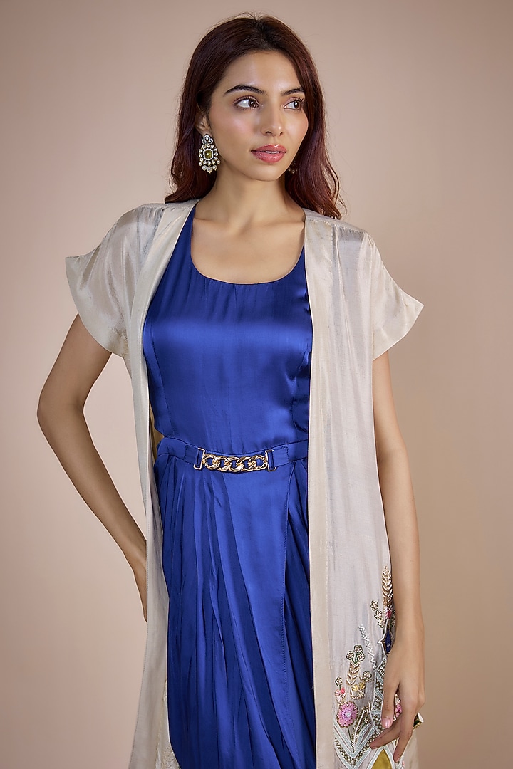 Ink Blue Satin Engagement Gown With Jacket by Ojasvini at Pernia's Pop Up Shop