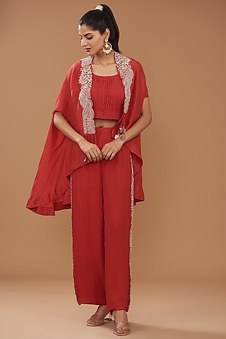 Red Georgette & Chinese Dupion Embroidered Cape Set by Ojasvini