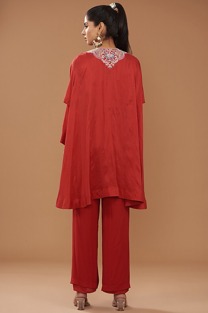 Red Georgette & Chinese Dupion Embroidered Cape Set by Ojasvini at Pernia's Pop Up Shop