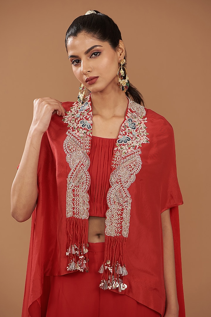 Red Georgette & Chinese Dupion Embroidered Cape Set by Ojasvini at Pernia's Pop Up Shop