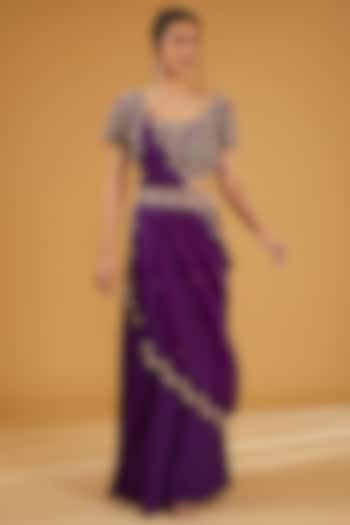 Purple Silk & Organza Zardosi Hand Embroidered Draped Skirt Set by Ojasvini at Pernia's Pop Up Shop