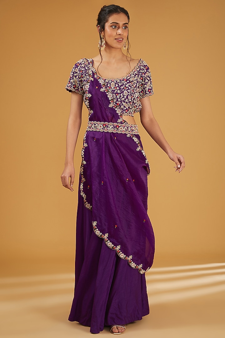 Purple Silk & Organza Zardosi Hand Embroidered Draped Skirt Set by Ojasvini at Pernia's Pop Up Shop