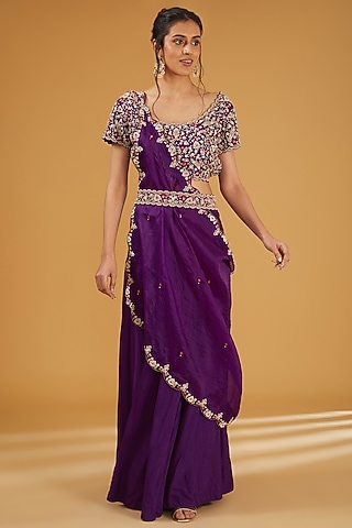 Purple Silk & Organza Zardosi Hand Embroidered Draped Skirt Set by Ojasvini