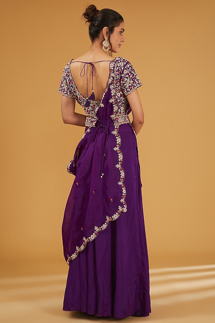 Purple Silk & Organza Zardosi Hand Embroidered Draped Skirt Set by Ojasvini at Pernia's Pop Up Shop