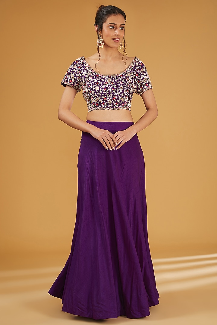 Purple Silk & Organza Zardosi Hand Embroidered Draped Skirt Set by Ojasvini at Pernia's Pop Up Shop