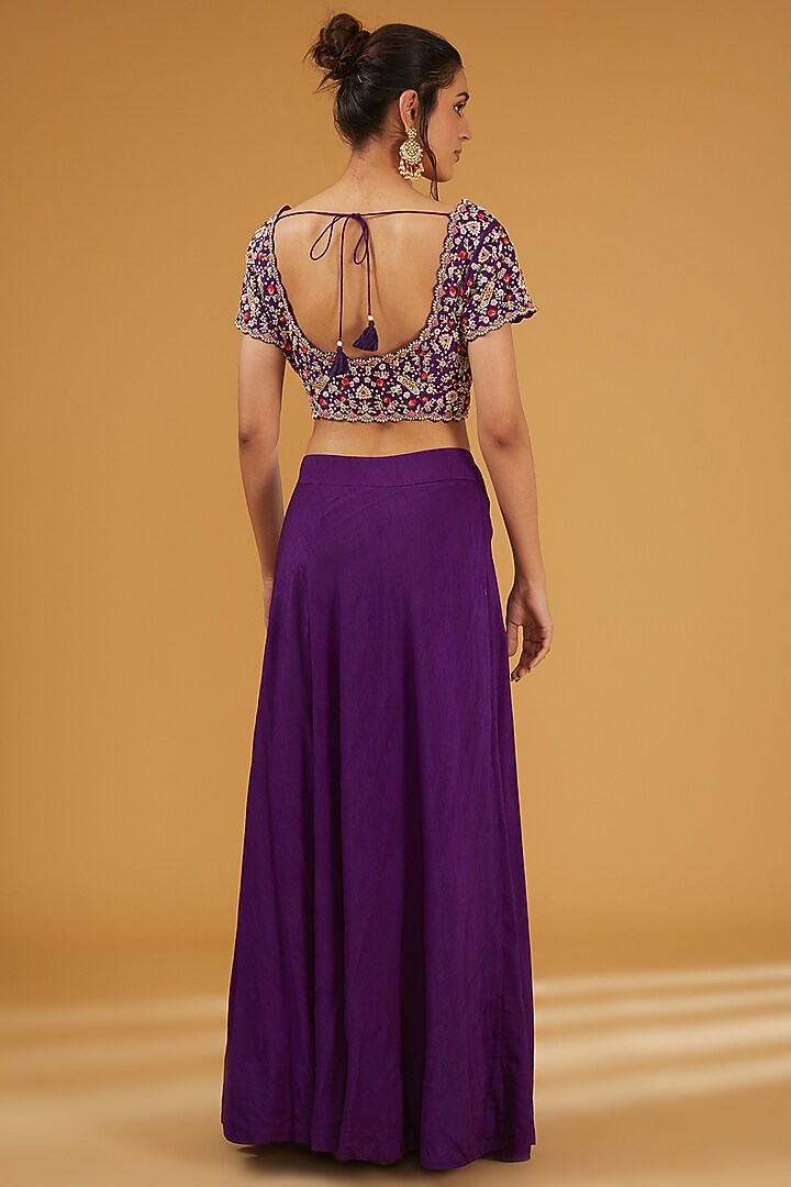Purple Silk & Organza Zardosi Hand Embroidered Draped Skirt Set by Ojasvini at Pernia's Pop Up Shop