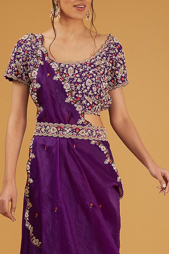 Purple Silk & Organza Zardosi Hand Embroidered Draped Skirt Set by Ojasvini at Pernia's Pop Up Shop