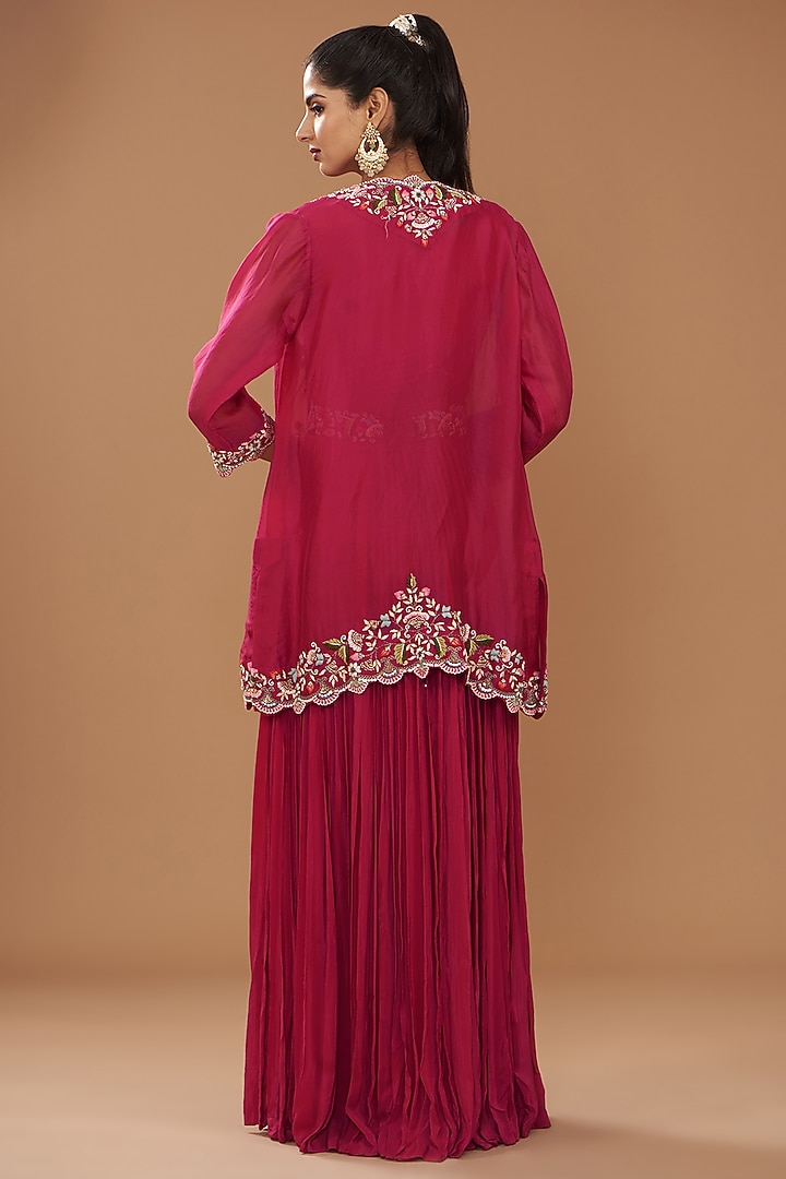 Red Crepe & Organza Pleated Engagement Gown With Cape by Ojasvini at Pernia's Pop Up Shop
