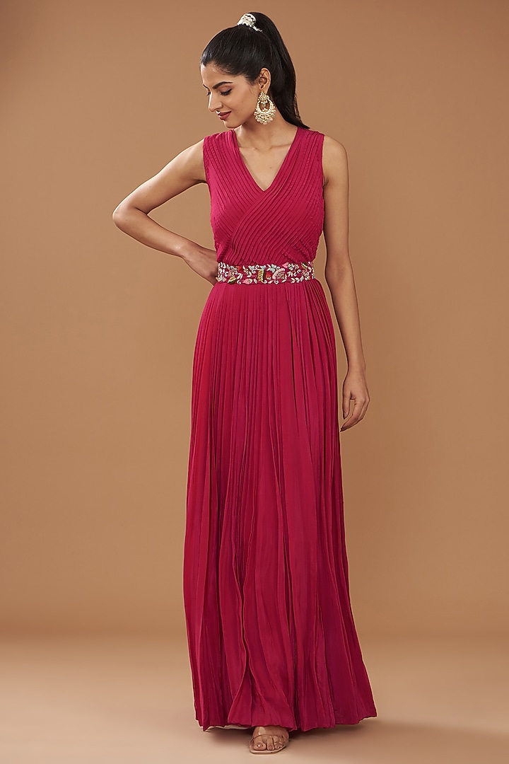 Red Crepe & Organza Pleated Engagement Gown With Cape by Ojasvini at Pernia's Pop Up Shop