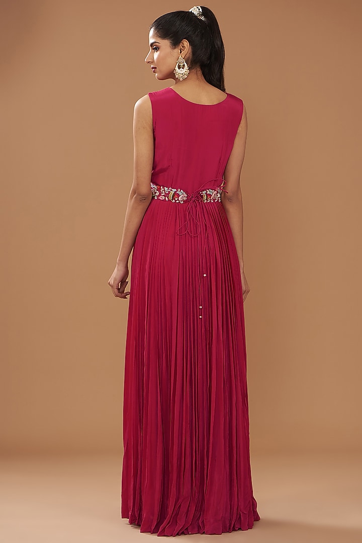 Red Crepe & Organza Pleated Engagement Gown With Cape by Ojasvini at Pernia's Pop Up Shop