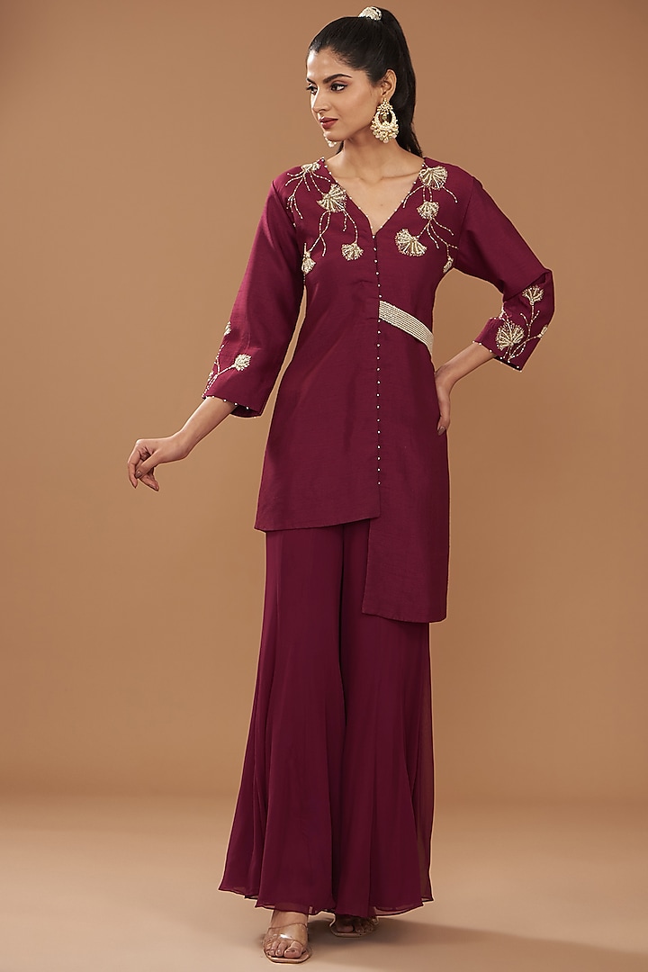 Wine Silk Hand Embroidered Co-Ord Set by Ojasvini