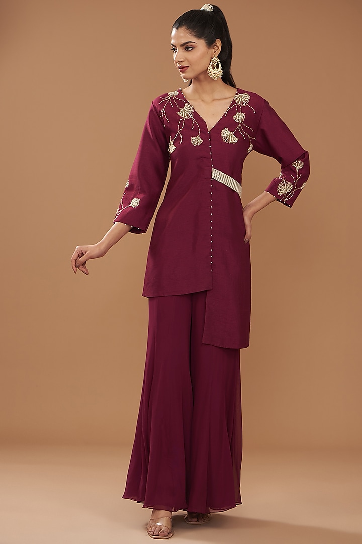 Wine Silk Hand Embroidered Co-Ord Set by Ojasvini at Pernia's Pop Up Shop