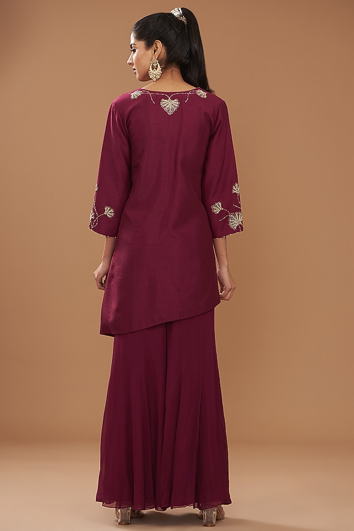 Wine Silk Hand Embroidered Co-Ord Set by Ojasvini at Pernia's Pop Up Shop