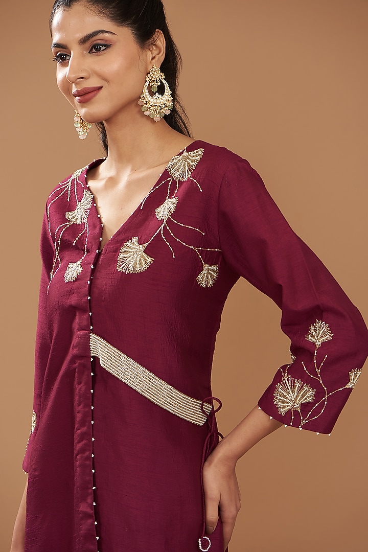 Wine Silk Hand Embroidered Co-Ord Set by Ojasvini at Pernia's Pop Up Shop