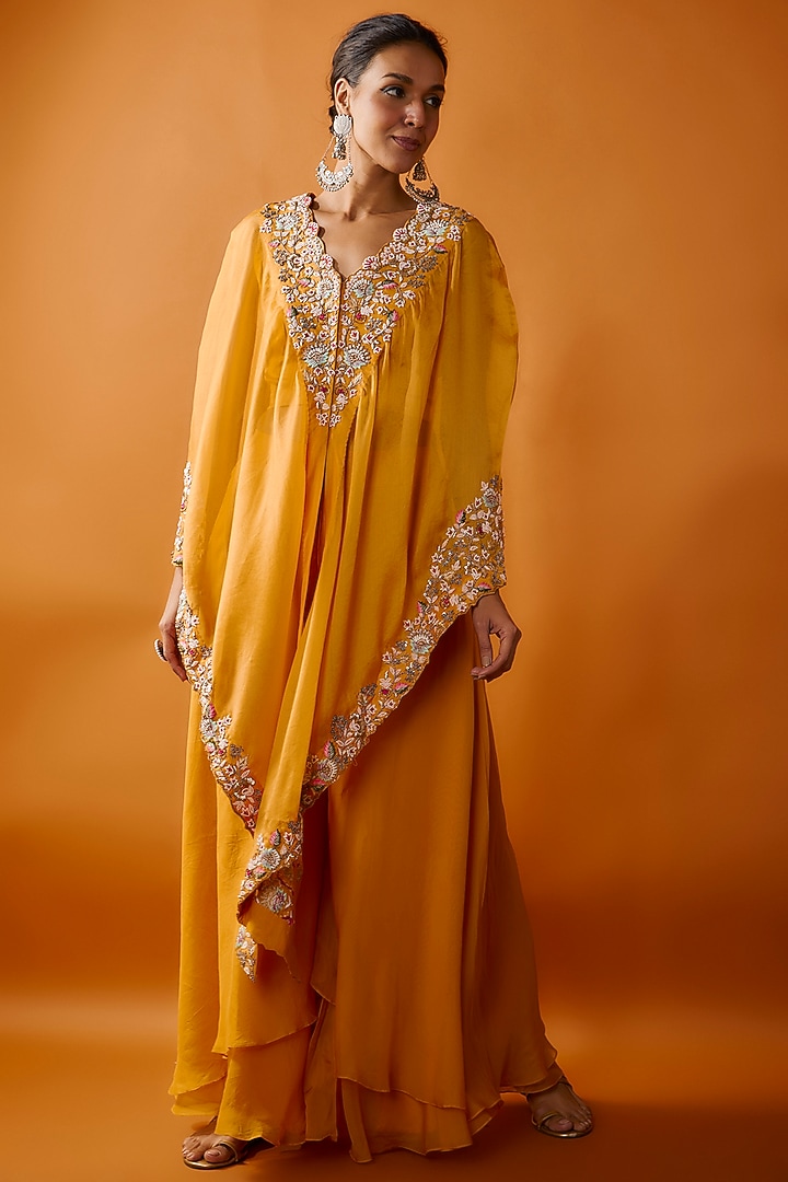 Yellow Organza Embroidered Cape Set by Ojasvini at Pernia's Pop Up Shop