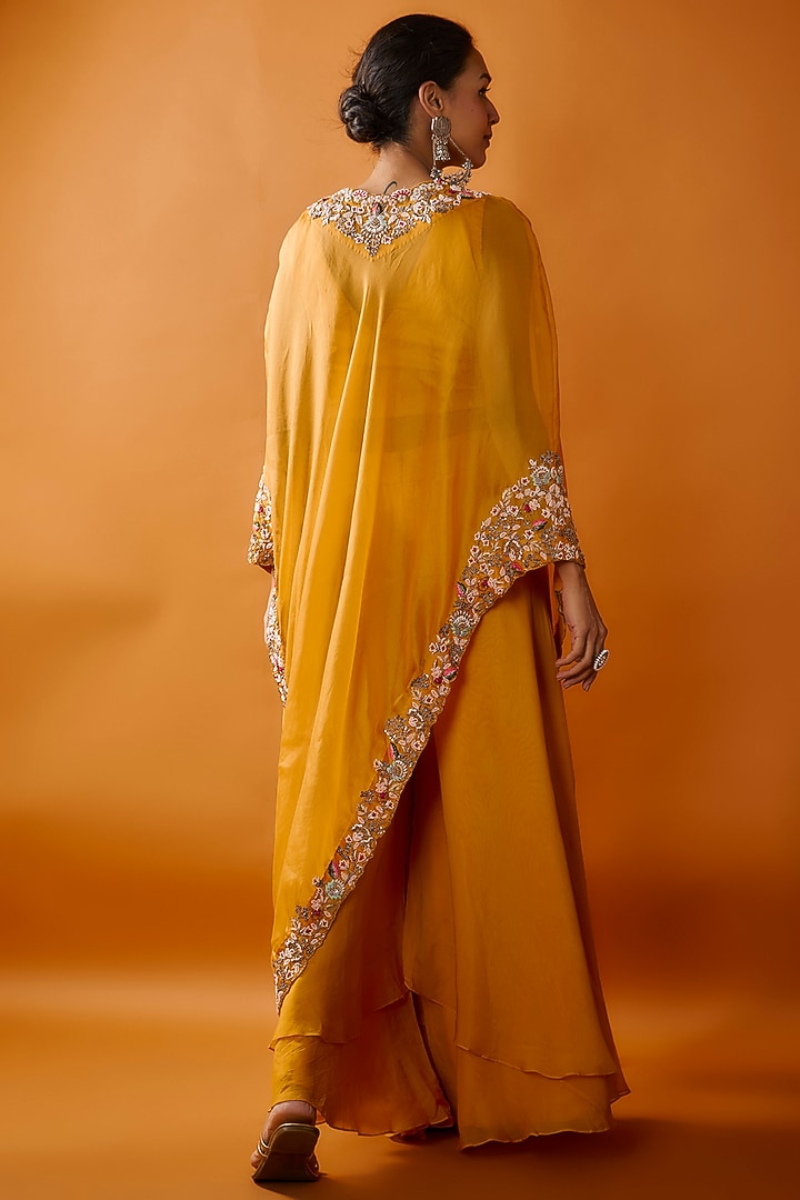 Yellow Organza Embroidered Cape Set by Ojasvini at Pernia's Pop Up Shop