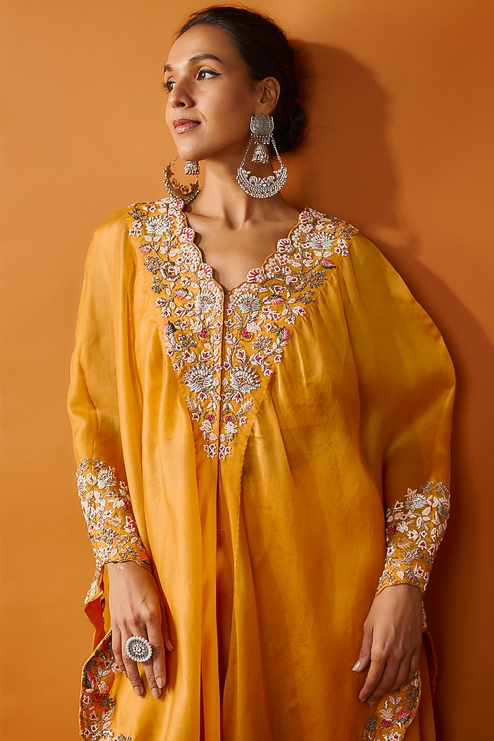 Yellow Organza Embroidered Cape Set by Ojasvini at Pernia's Pop Up Shop