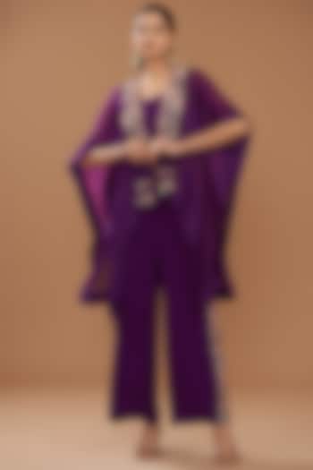 Purple Georgette & Chinese Dupion Embroidered Cape Set by Ojasvini at Pernia's Pop Up Shop
