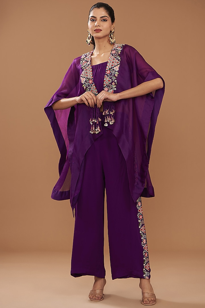 Purple Georgette & Chinese Dupion Embroidered Cape Set by Ojasvini at Pernia's Pop Up Shop