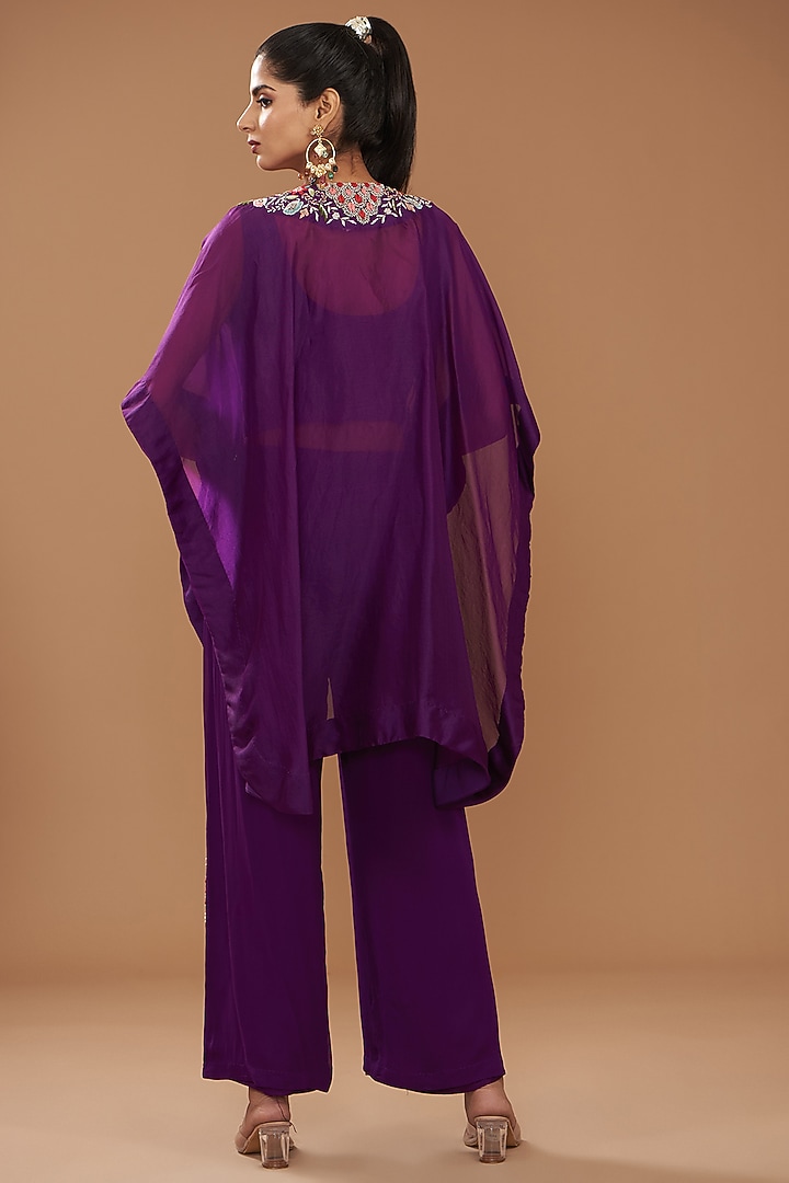 Purple Georgette & Chinese Dupion Embroidered Cape Set by Ojasvini at Pernia's Pop Up Shop