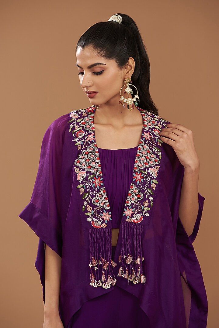 Purple Georgette & Chinese Dupion Embroidered Cape Set by Ojasvini at Pernia's Pop Up Shop