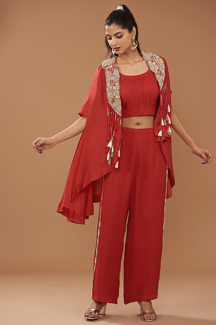 Red Georgette & Chinese Dupion Embroidered Cape Set by Ojasvini